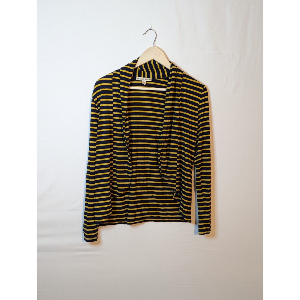 simply suzie navy blue yellow striped open cardigan sweater womens small
